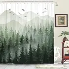 Accnicc Green Misty Forest Shower Curtain Ombre Sage Green White Mountain Pine T