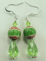 Green Chevron Nepal Trade Bead Earrings & Green Briolette Crystal Handmade