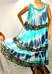 Aqua Blue Women Plus One Free Size Turquoise Tie Dye Batik Cover Up Tunic Dress
