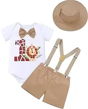 [IDOPIP] First Birthday Outfit Boy Baby Lion Cake Smash Clothes Safari Animals Romper Suspenders Shorts Hat Set for Photo Shoot