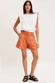 Orange Mini Shorts Pleats Linen - Size 8, Women's Hw Short