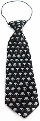 Kids Boys Black & White Patterned Elastic Neck Tie - Skulls Black and White