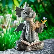 Little Dragon Sculpture Reading Book Statue - Cute Dragon Statues Resin Ornament Art for Lawn Garden Patio Yard