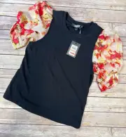 DKNY Mixed Media Crew Neck Printed Puff Sleeve Top Black/ Orange Blossom XS