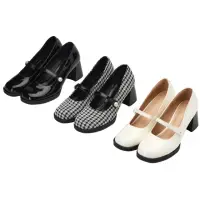 在飛比找momo購物網優惠-【Grace Gift】時尚圓頭漆皮/黑格子中高跟瑪莉珍鞋