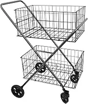 Dual Handy Basket Cart – 50kg Capacity, 107L Volume, Dual Baskets, Foldable, 360° Swivel Wheels, Durable Epoxy Coating, Quick Assembly – Ideal for Groceries, Laundry, Beach,&Warehouse
