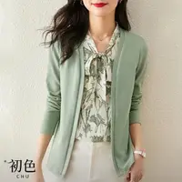 在飛比找momo購物網優惠-【初色】針織雪紡拼接印花假兩件V領衫上衣女上衣-綠色-637