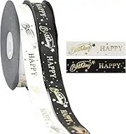 HUIHUANG Happy Birthday Ribbon Gold Satin Ribbon Gift Ribbon Party Gift Wrapping Bows Making, 2 Rolls Double Face Satin Ribbon Assorted with 32 Yard Each, Total 64 Yards Per Package ( White & Black )