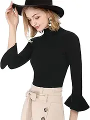 [Allegra K] Women's Ruffle Long Sleeves Turtleneck Sweater Pullover Stretchy Knit Slim Fit Sweatshirt