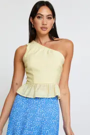 Yellow Peplum Top One Shoulder - Size L, Women's Cami