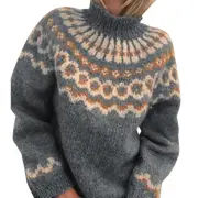 Women Knitted Nordic Sweater Roll Neck Jumper Pullover Winter Tops- Grey M