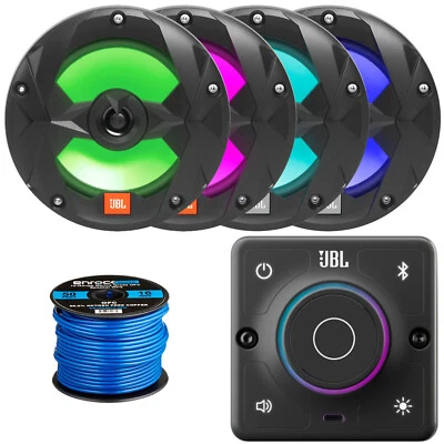 JBL Boat Receiver, 4x 6.5" 225W 2-Way Multi-Element RGB LED Black Speaker, Wire