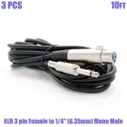 3x 10FT XLR 3 pin Female Jack to 1/4" 6.35mm Mono Male Plug Microphone Mic Cable
