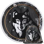 Black and White Wolf Portrait Round Beach Towel