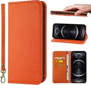 NanHou iPhone 12 Pro Max Case Microfiber Leather RFID Blocking Wallet Magnetic Closure Kickstand Wrist Strap Card Holder Shockproof Flip Cover - Orange