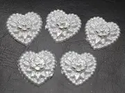 50 Pure White Acrylic Pearl Flatback Heart Cabochons with Silver Flower 18mm