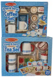 Melissa & Doug Steep & Serve Tea Set + Brew & Serve Coffee Set Wooden Pretend Play