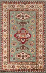 Light Green Geometric Super Kazak Oriental Area Rug 4x6 Wool Handmade Nomad Rug