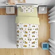 DJDEA Single Duvet Cover Cartoon Trucks Diggers Vehicles Cranes Pattern Kids Bedding Set for Boys Teens Children Duvet Cover Matching Pillowcase