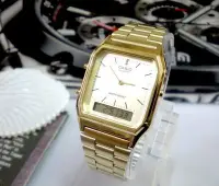 在飛比找Yahoo奇摩拍賣-7-11運費0元優惠優惠-經緯度鐘錶【CASIO】手錶專賣店 金色復古雙顯錶 保證台灣