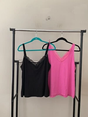 Lot of 2 Flora Nikrooz Sz L Soft Knit Lace Trim V-Neck Camisole Tank Top Bundle