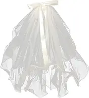 Bridal Veil Hair Clip with Big Bow, BetterJonny White Tulle Hair Clip 2 Layer Pearl Short Veils Wedding Bow Knot Veil Bachelorette Party Hair Accessories for Women