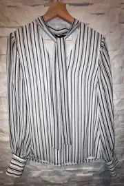 NWT Women's WHITE HOUSE BLACK MARKET L/S Tie Neck Striped Blouse Black White 4
