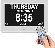 Digital Calendar Alarm Day Clock - 7" LED Dementia Clock Large Screen Display, 12/24Hr Remote Control for Extra Large Aged Seniors, Home Décor Desk, Wall Mounted Black/White (White)