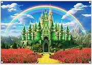 Yriujul 7x5ft Polyester Green Castle Backdrop Yellow Brick Road Rainbow Sky Photography Background Floral Banner Party Decorations Photo Props