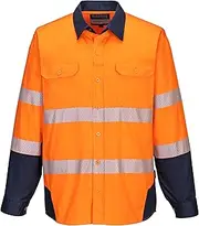 Portwest PW372 Mens High Vis Flexible Reflective Day Night Safety Long Sleeve Work Shirt Orange/Navy, 2X-Large