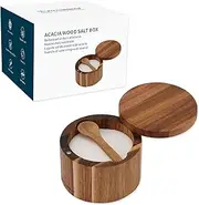 [KITCHENDAO] Acacia Wood Salt Cellar Bowl Box with Built-in Spoon to Avoid Dust, Elegant Kitchen Salt Container Holder with Swivel Magnetic Lid to Storage Pepper Spice Bath Salt Sea Salt, 6OZ