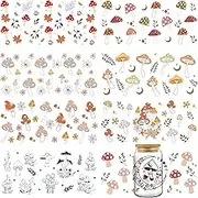 INCOK Rub on Transfers for Crafts - 8 Sheets Colorful Mushroom Flower UV DTF Cup Wraps for 16 oz Glass, Moon Maple Leaf Patterns Uvdtf Tumbler Transfers Stickers DIY Drinkware Decals