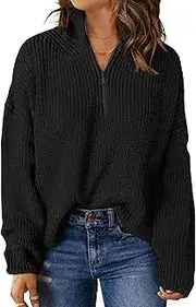 [MEROKEETY] Women's 2024 Long Sleeve Chunky Knit Sweaters 1/4 Zip Polo V Neck Casual Pullover Tops