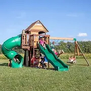 Backyard Discovery, Cedar Cove Wood Swing Set, Playground Fort, Chalkboard, Telescope, Dual Slide, Kitchenette, Wide Swing Lanes, 5ft Rock Wall, Step Ladder