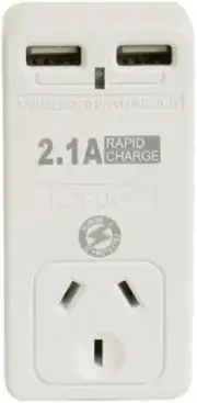 AUS USB Adaptor Australia, 2X USB Sockets, 1x AUS/NZ Socket, White