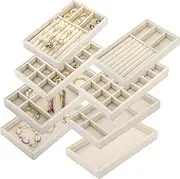 Elsjoy Set of 8 Velvet Jewelry Tray, Drawer Insert Divided Storage Holder Stackable Jewelry Organizer, Necklace Bracelet Display Tray for Earring, Ring, Brooch, Watch, 8.3"x5"x1" Beige 4 Styles