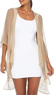 [Back From Bali] Womens Sheer Long Cardigan Lightweight Mesh Knit Kimono Duster ¾ Sleeves Shrug with Curved Hem
