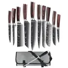 12PC Wood Japanese Kitchen Knives Set Damascus Pattern Chef Knife Bag Sharpener