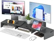 Dual Monitor Stand Riser Wood Adjustable Computer Monitor Riser with Phone Holder and Cable Management Black