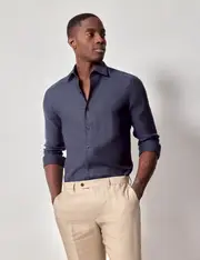 Hawes & Curtis Navy Pure Linen Slim Shirt | One Piece Collar | Full Cutaway Size: XXL