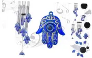 Blue Evil Eye Hamsa Hand Wind Chimes Outdoor Decoration, Hand of Fatima