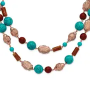 Fashion 1928 Jewelry Copper-Tone Pattern Aqua Blue And Brown Acrylic Beads Long 44 Inch Necklace
