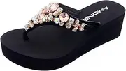 [AIMONE] Aurelie Flip Flops for Women Black Platform Wedge Peach Bling Rhinestone Sandals