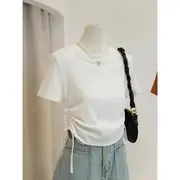 Short-Sleeve Crew Neck Plain Lace Up T-Shirt White - S