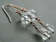 Art Deco QUARTZ ROCK CRYSTAL & Lead Glass Teardrops & Rolled Rose Gold Earrings