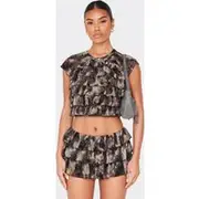 Charcoal Grey Devore Mesh Ruffle Top, Charcoal Grey