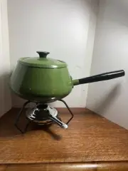 Vintage Fondue Pot Set Avocado Green Black Hndl Stand With 6 Skewers- Burner