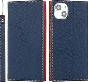 for iPhone 14 Case Litchi Genuine Leather Wallet for iPhone 14 SunYoo Coque Portefeuille étui Pour Femmes Homme RFID Blocking Magnetic Book Flip Cover with Wrist Strap for iPhone 14 i14 Dark Blue