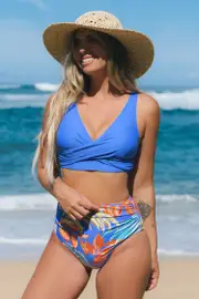 Cupshe Blue Lace-Up Back Bikini Top & Retro Tropical Bottoms Set - Periwinkle,XS / L