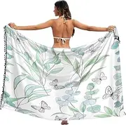 [RPLIFE] Eucalyptus Leaves White Butterflies Bathing Suit Sarong Wrap, Sarong with Fringe for Summer Pool/Beach, Large, Eucalyptus Leaves White Butterflies, Large